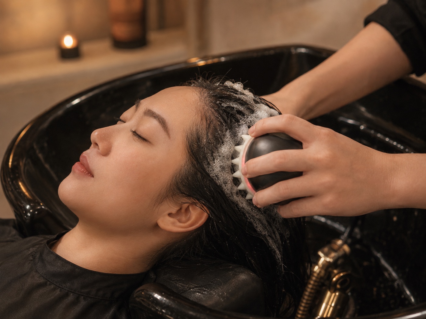 Scalp massage with sonic brush at Yuki House